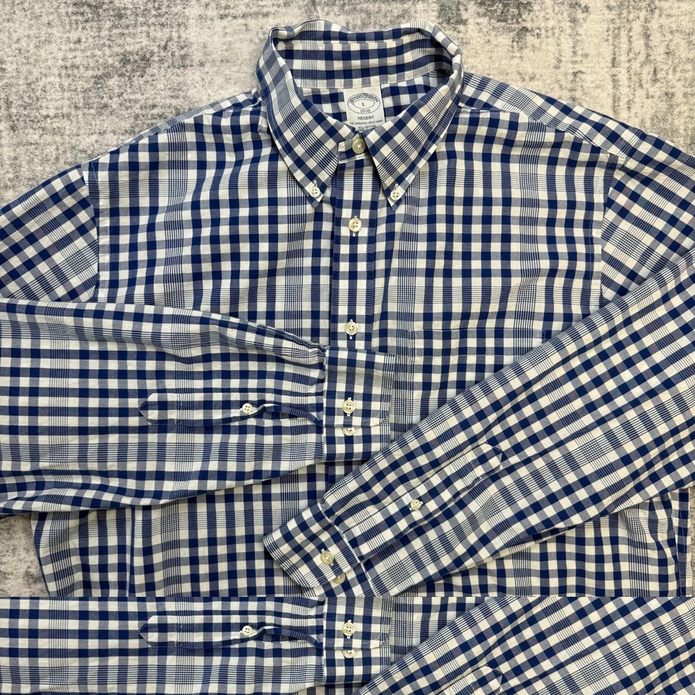 Brooks Brothers Shirt Mens Large Blue White Check Plaid Regent Fit Poplin Preppy